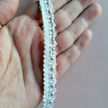 White Thread Trim Embellished With Clear And Silver Beads, Beaded Trim, Approx. 12 mm wide - 200317L408